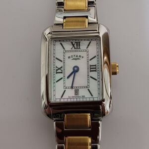 Beautiful Rotary Brand Womens Watch Silver & Gold Tone With Mother Of Pearl Face